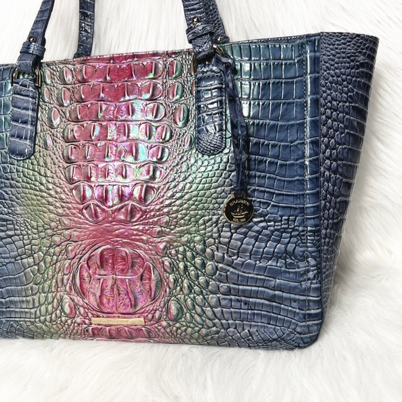 SOLD-Brahmin Iridescent Oil Slick Ombre Blue Pink Croc Leather Shoulder Bag - Picture 3 of 12